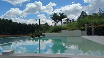 A swimming pool with a clear sky and palm trees in the background.