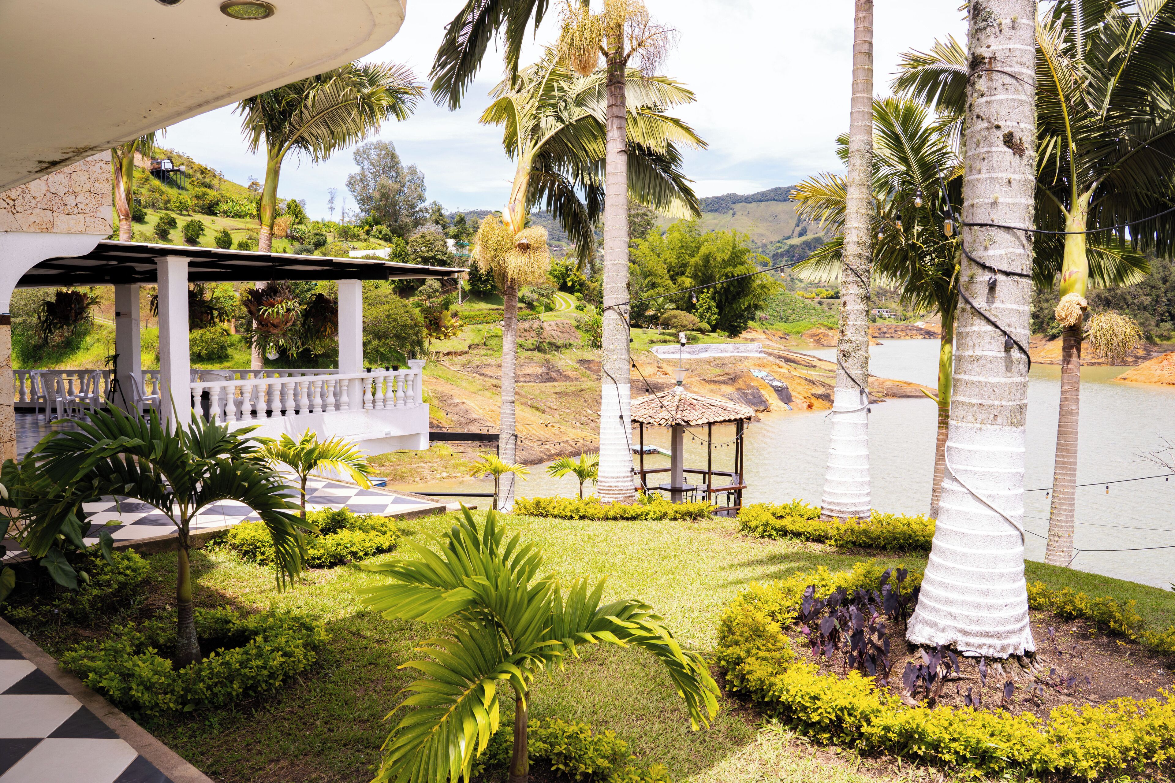 A tropical garden with palm trees, a gazebo, and a view of a river.