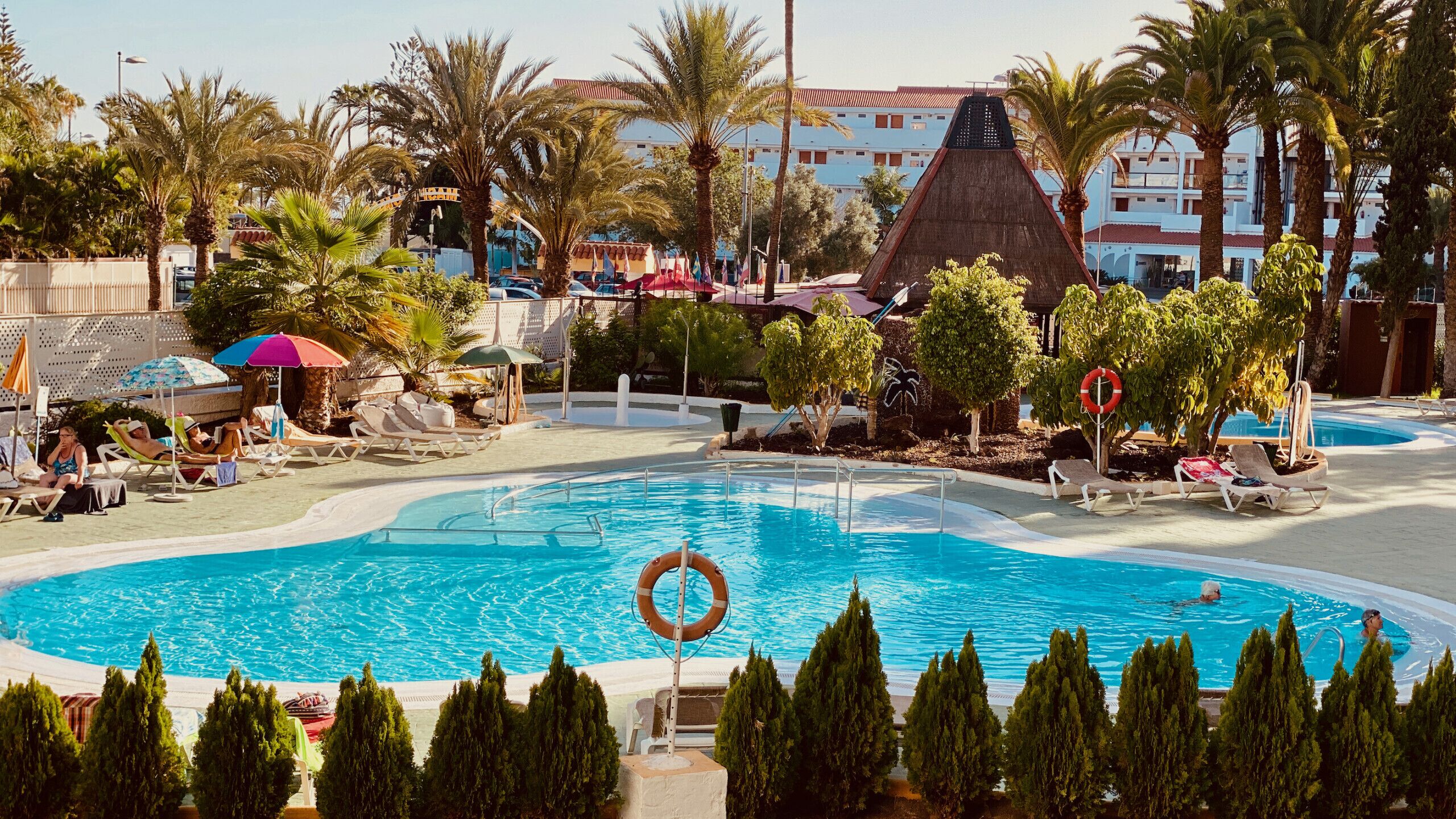 Una piscina con sillones de descanso, palmeras y un edificio con un techo distintivo al fondo.