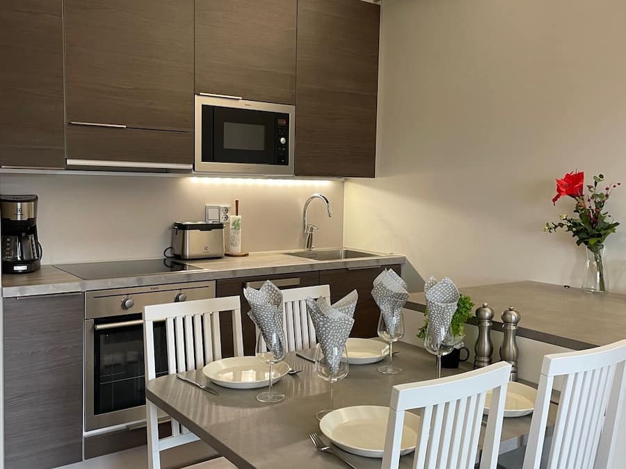 Luxury Apartment | Private kitchen | Electric kettle, highchair, toaster oven, cleaning supplies