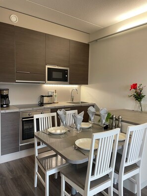 Luxury Apartment | Private kitchen | Electric kettle, highchair, toaster oven, cleaning supplies - Spa Hotel Red Aparments (Kuopio)