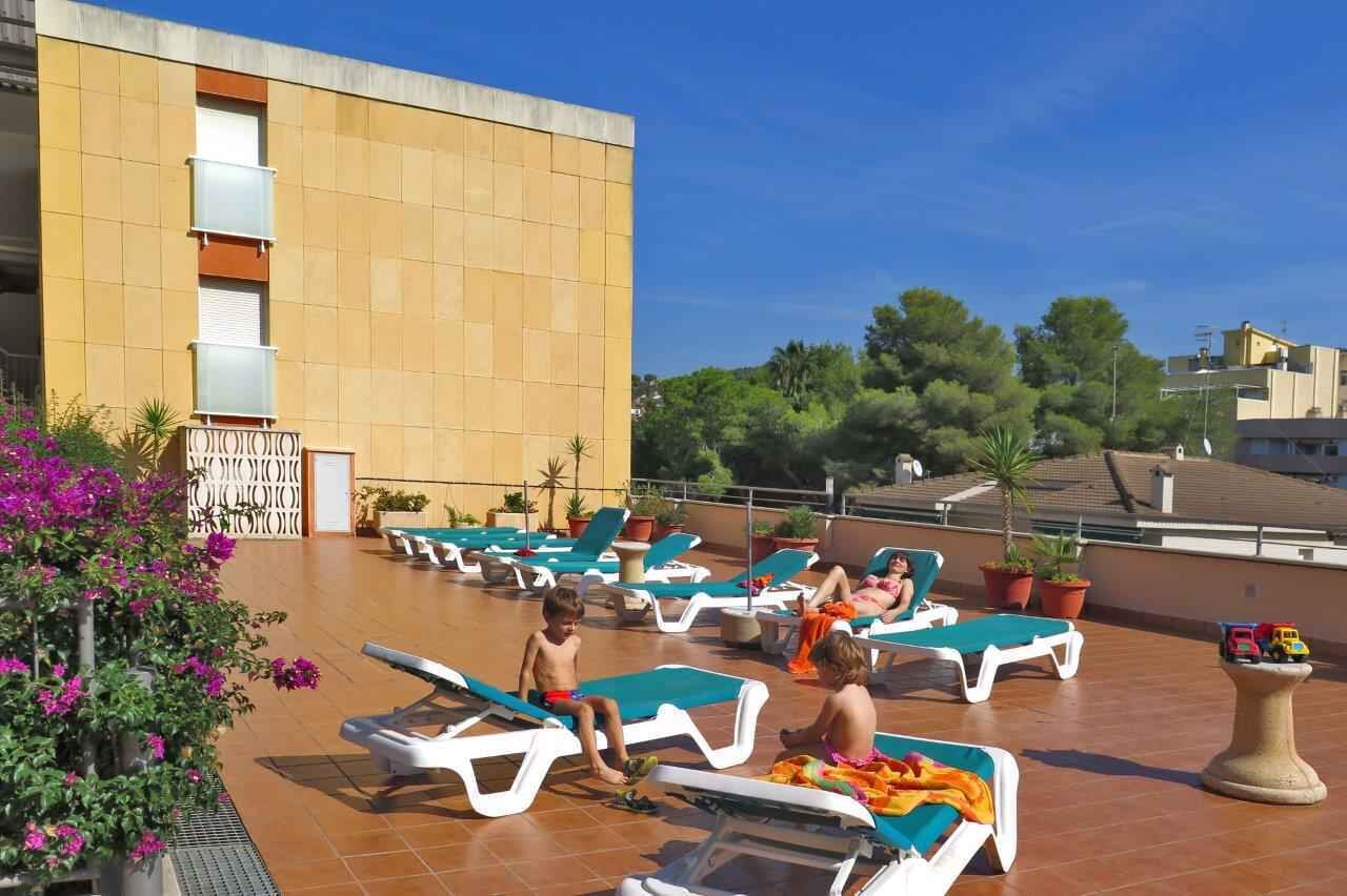 A rooftop pool area with lounge chairs and potted plants.