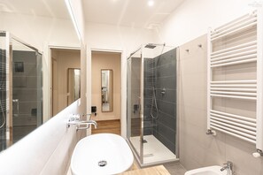 Shower, hair dryer, bidet, towels