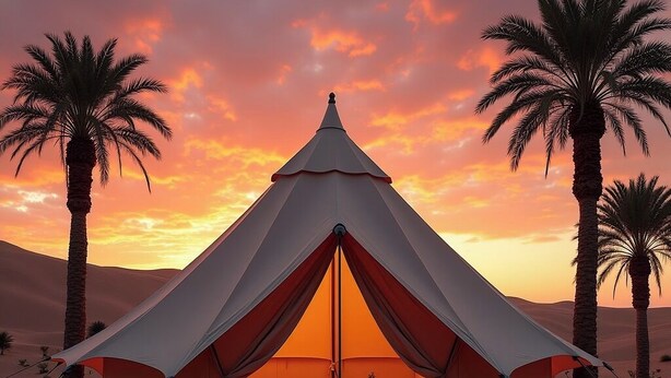 A tent with a peaked roof, a bed inside, and palm trees around. - Luxury  Saf Saf Camp (Taouz)