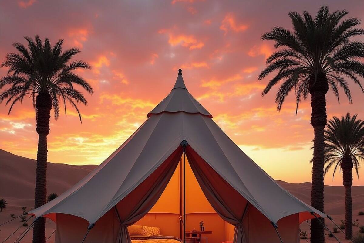 A tent with a peaked roof, a bed inside, and palm trees around.