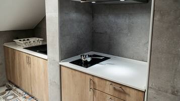 Full-sized fridge, microwave, stovetop, electric kettle