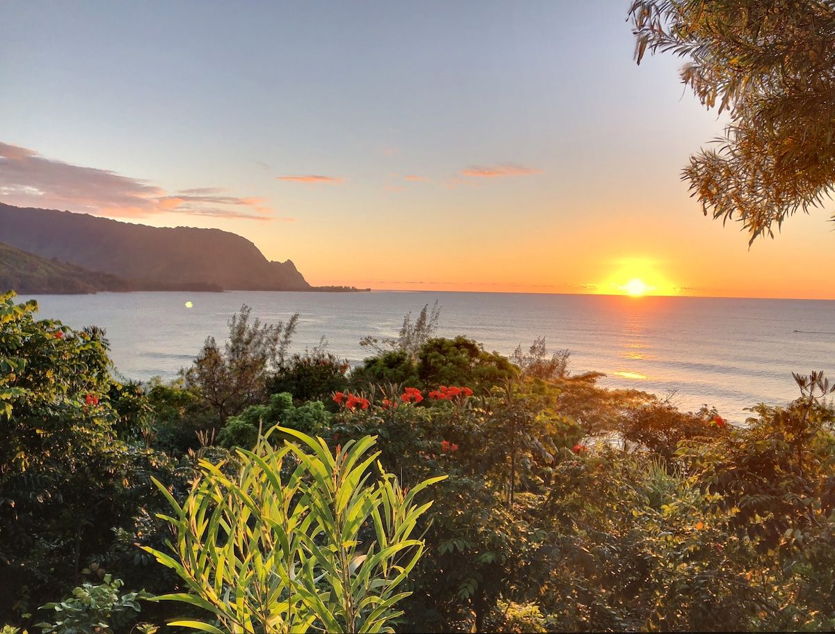Un paisaje costero con atardecer, vegetación y una cadena montañosa distante.