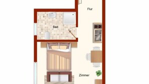 A floor plan of a hotel room with a bathroom, bedroom, living area, and terrace. - Apartment Haubentaucher 600 meters from the beach (Prerow)