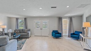 Smart TV, fireplace, video games, DVD player