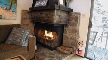 Smart TV, fireplace, DVD player, books