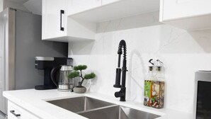 A modern kitchen with a double sink, a coffee maker, a small potted plant, and a wine bottle on the counter.