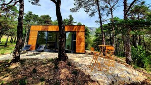 Una cabaña moderna de madera con entrada de vidrio, rodeada de árboles y un camino de piedra.