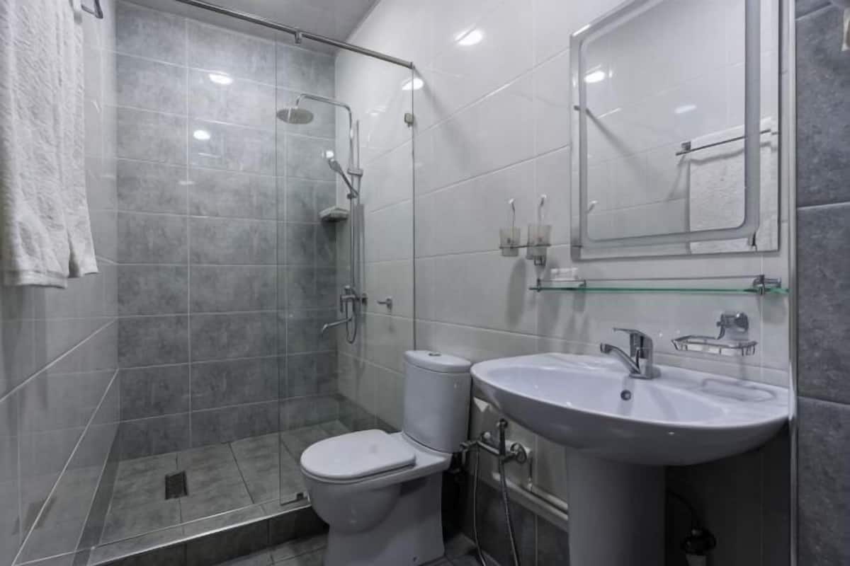 Shower, free toiletries, hair dryer, bathrobes