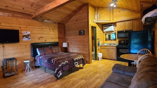 Ein gemütliches Holzhaus mit Bett, Sofa, einer kleinen Küchenzeile und einem an der Wand befestigten Fernseher.