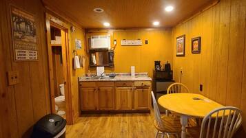 Fridge, microwave, coffee/tea maker, toaster