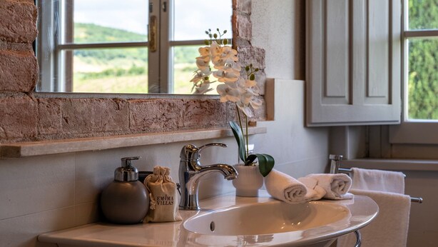 Ein Badezimmer mit Waschbecken, Spiegel und Fenster mit Blick auf Grünflächen.
