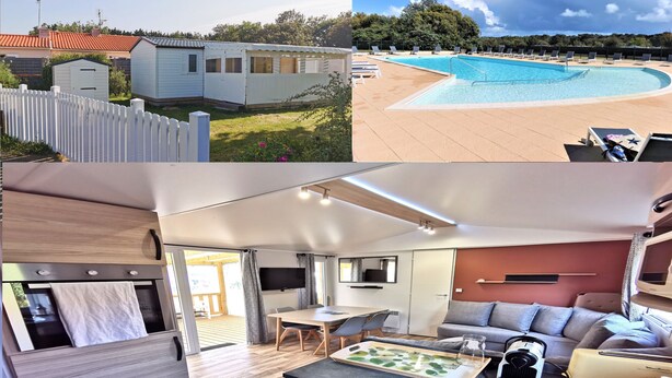 Una casa móvil con piscina, comedor y sala de estar con sofá y mesa.