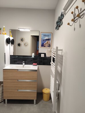 Douche, séchoir à cheveux, papier de toilette