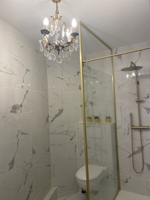 Regadera, secadora de cabello, papel de baño 