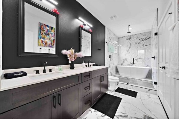 Hair dryer, towels, soap, shampoo