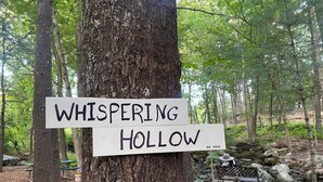 Un letrero en un árbol que dice 'Whispering Hollow' con fecha de establecimiento en 2025.