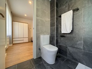 Shower, hair dryer, towels