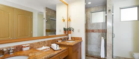 Shower, jetted tub, hair dryer, towels