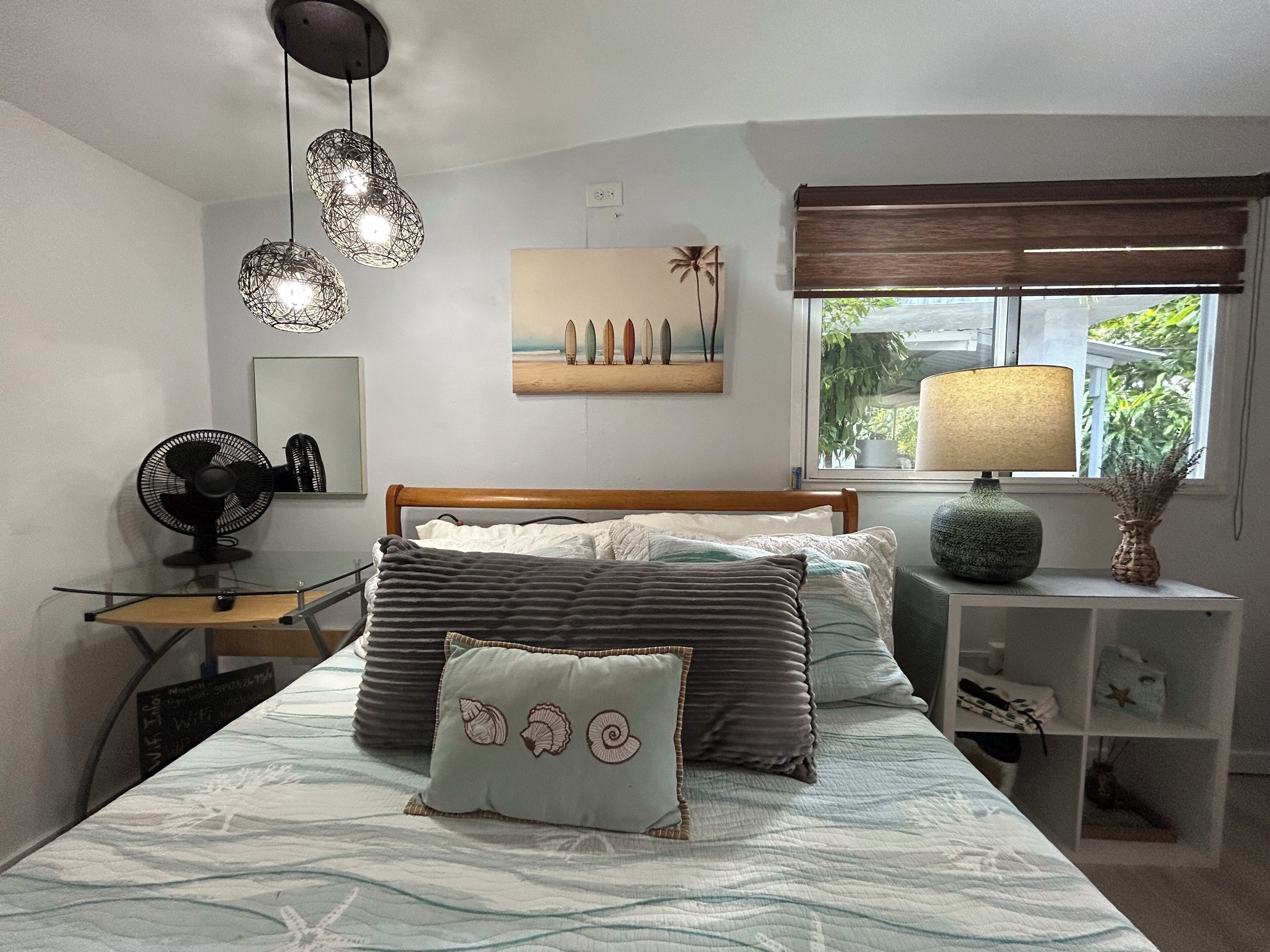 Queen size bed with new mattress.