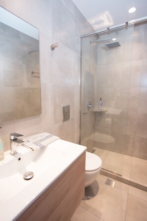 Studio | Bathroom | Shower, rainfall showerhead, hair dryer, towels