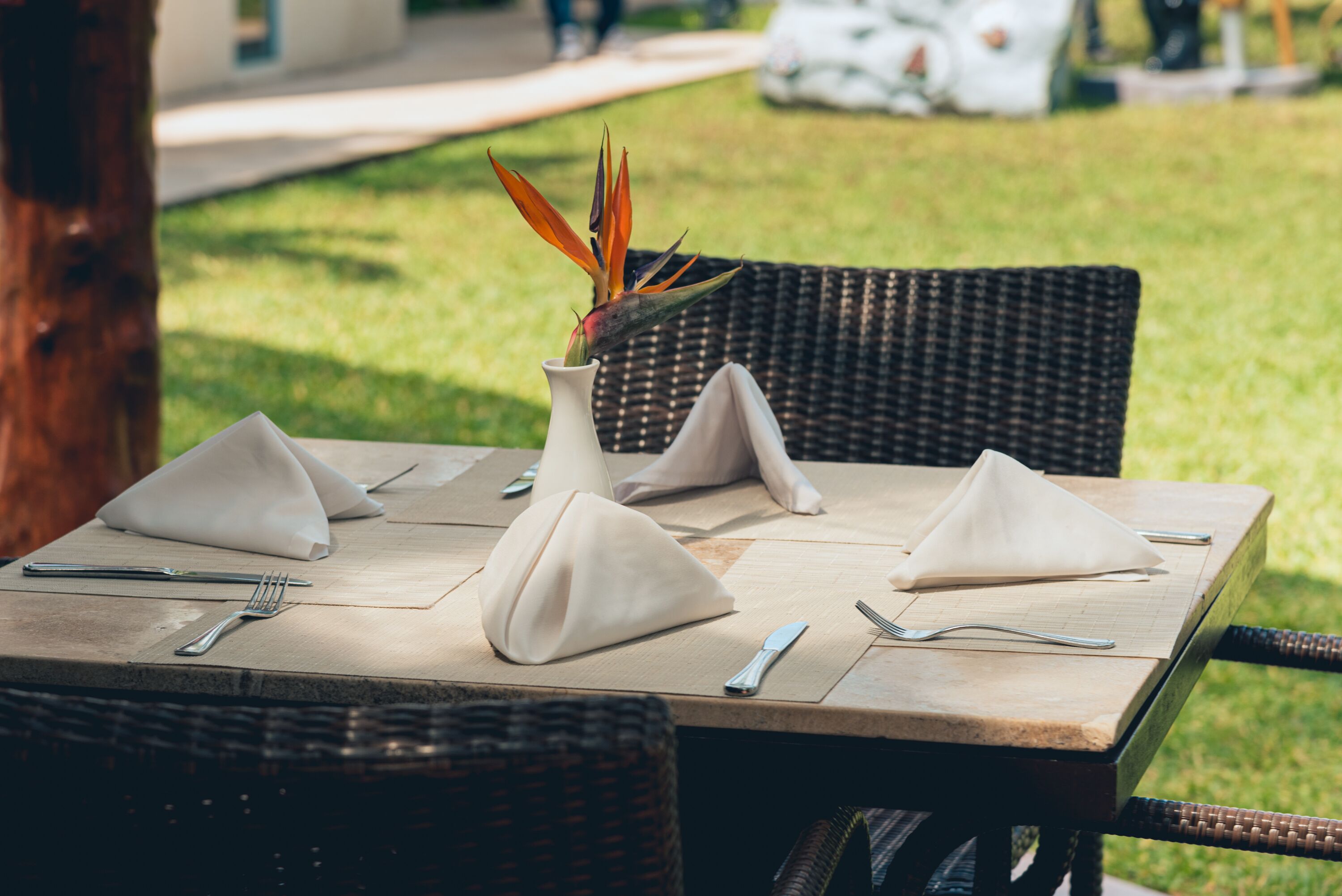 Mesa dispuesta al aire libre con un florero, servilletas dobladas y cubiertos.