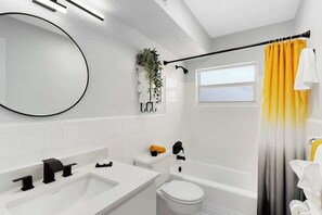 Shower, hair dryer, shampoo