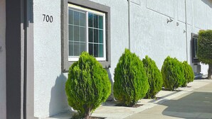 A building with a white exterior, a window with a grid pattern, and the number 700. There are four neatly trimmed green bushes in front. - Motel 6 Yuba City, CA (Yuba City)