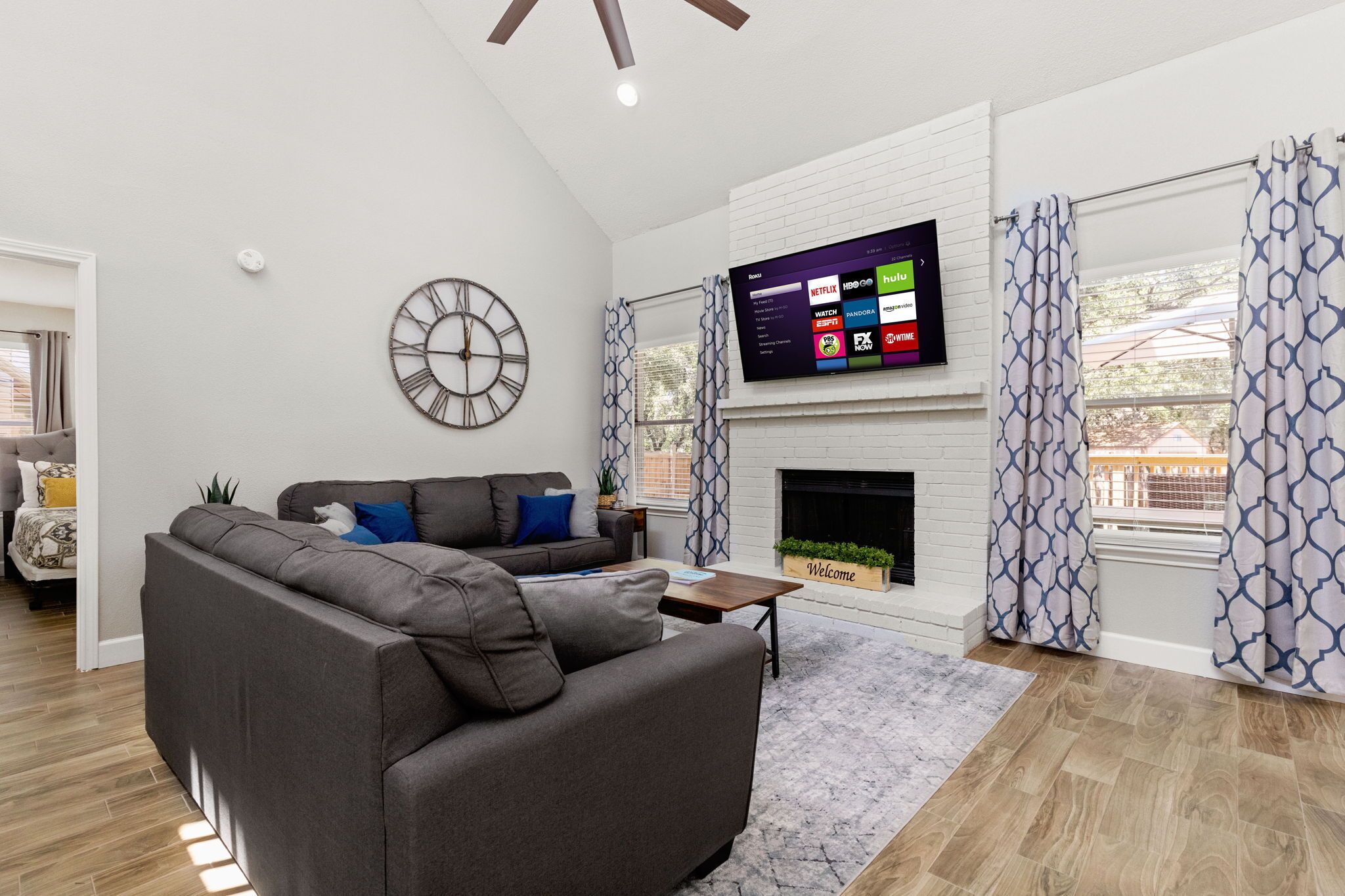 Smart TV, fireplace, video games, foosball