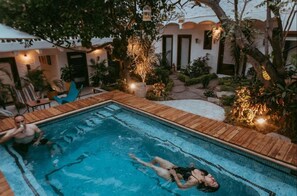 Une piscine avec une terrasse en bois, entourée de plantes en pot et de mobilier d’extérieur.