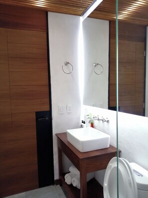 A modern bathroom with a wooden vanity, a white sink, and a toilet.
