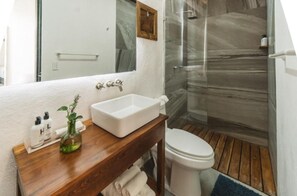 Hair dryer, towels, soap, shampoo