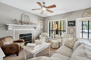 Smart TV, fireplace, books, music library