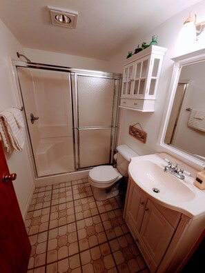 A bathroom with a shower, toilet, sink, and cabinet. - Relaxing Lake View Home, Pet Friendly, Central Location.  Close to Ferries! (St. Ignace)