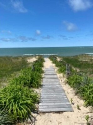 A wooden boardwalk leading to the beach, surrounded by greenery.
