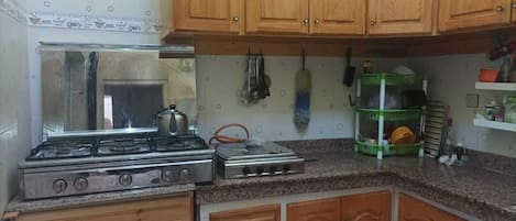 Fridge, stovetop, electric kettle, blender