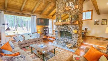 Smart TV, fireplace, video games, DVD player