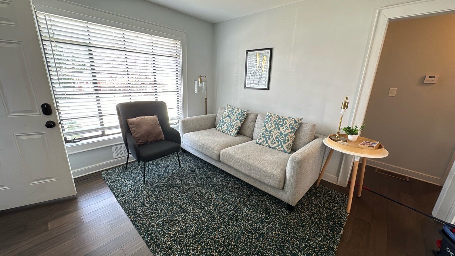 Una sala de estar con un sofá gris, cojines estampados, un sillón negro, una mesita redonda con una planta y una ventana con persianas.