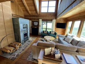 Smart TV, fireplace, books