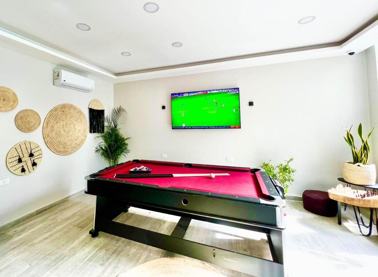 A pool table in a room with a green screen TV above it, surrounded by wall decor and plants.