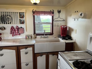 A kitchen with a sink, a coffee maker, and a stove. - Amazing Secluded cottage under huge trees, on a working Ranch (Flatonia)