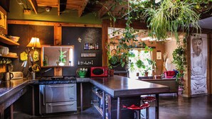 Cucina con piano cottura, forno e microonde. Sono presenti piante e una statua di Buddha.