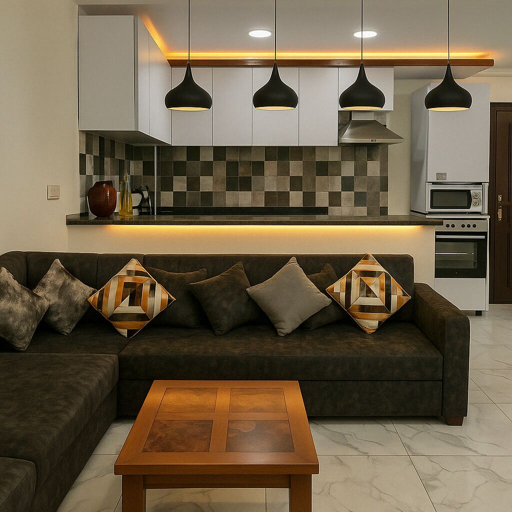 A modern living room with a sectional sofa, a wooden coffee table, and pendant lighting.
