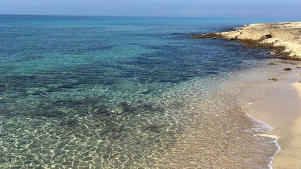 Une plage avec une eau claire et peu profonde et un rivage sablonneux.