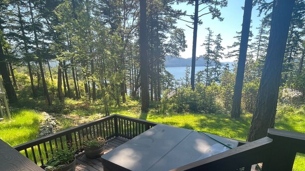 Une terrasse en bois avec une table et des chaises, donnant sur une zone boisée et un plan d’eau.