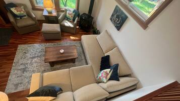 Smart TV, fireplace, books